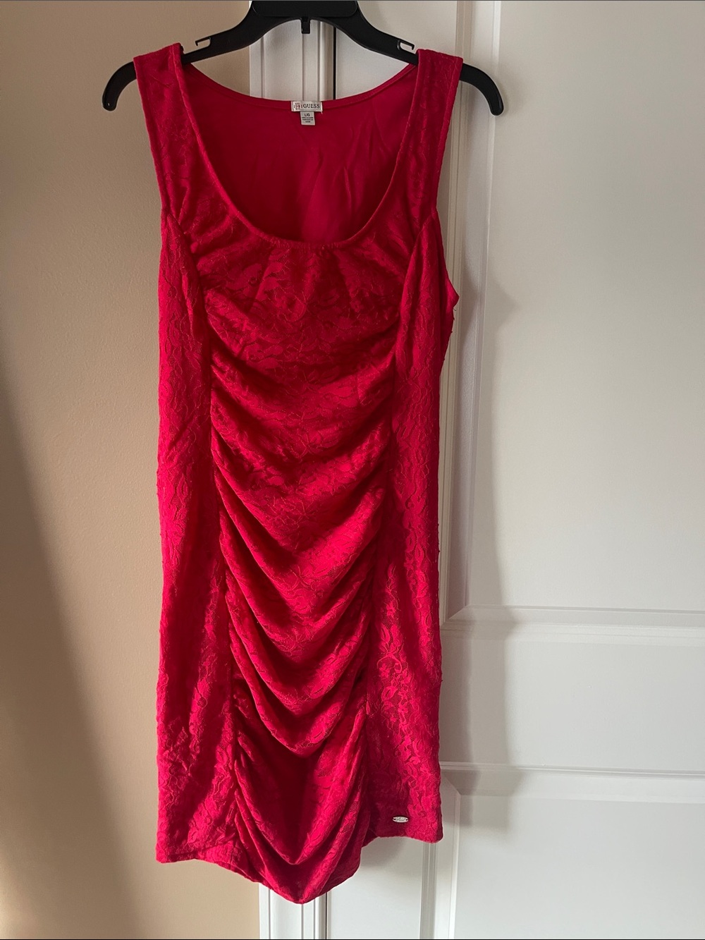 Guess Hot Pink Sleeveless Ruched Lace Mini Dress